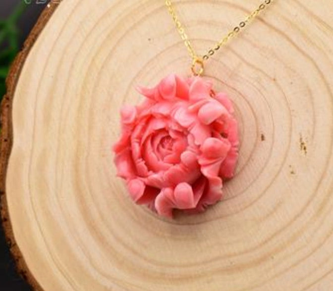 Carved Coral Flower Pendant Necklace 