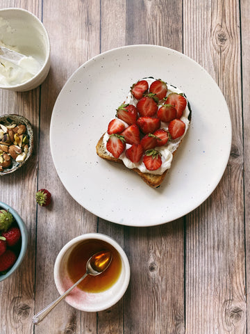 Labneh, strawberries, maple syrup, chopped nuts