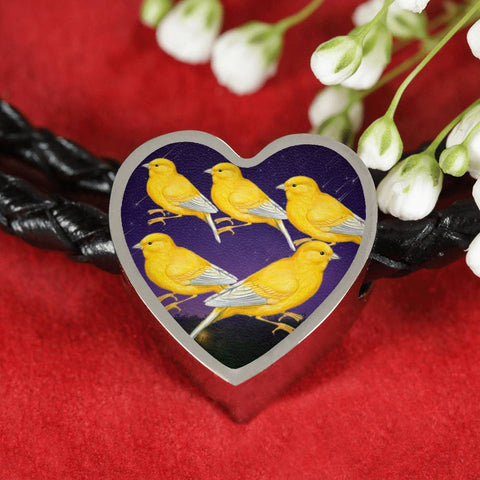 Domestic Canary Bird Print Heart Charm Leather Woven Bracelet