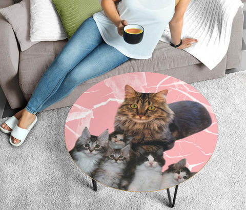 Maine Coon Cat With Kittens Print Circular Coffee Table