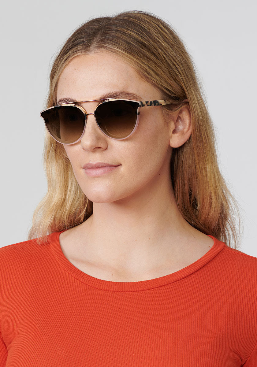 CLIO NYLON | Matte Oyster to Petal 24K Polarized Handcrafted, luxury tortoise acetate KREWE oversized sunglasses womens model