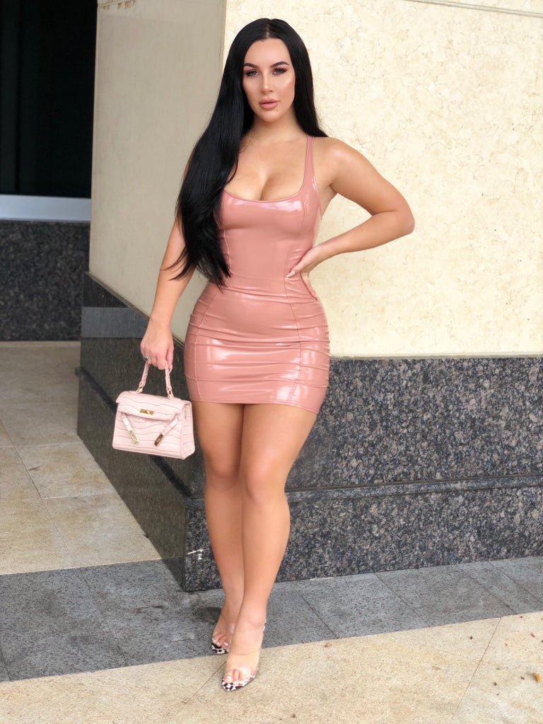 pink pu bodycon dress