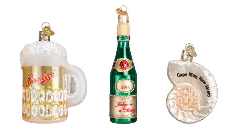 Custom Champagne, Beer and Seashell Ornaments 