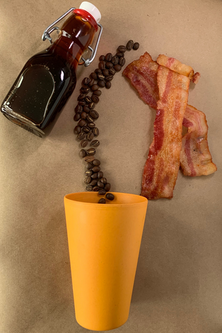 Maple Bacon Flat Lay Recipe Image - Mug, Bacon, coffee beans, maple syrup