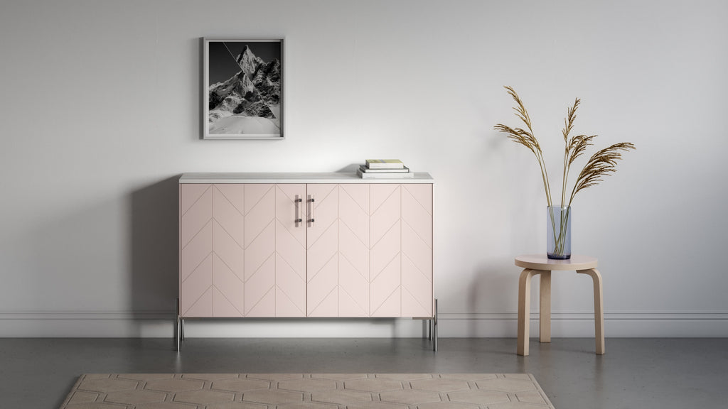 Credenza Besta with Eleanor doors in Pale Mocha, Ambrosia Maple wood top, Sara legs and Kristina pulls in chrome