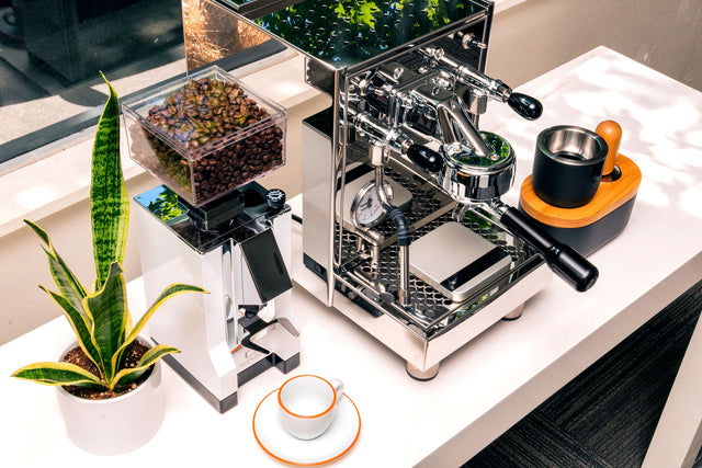 Eureka Mignon Silenzio Grinder, with Bezzera BZ10 Espresso Machine, Silver Lunar Scale, from Clive Coffee, lifestyle large