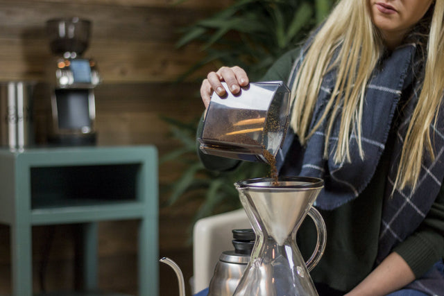 Baratza Forte BG Coffee Grinder being used to make coffee with a Chemex coffee maker, Clive Coffee - Lifestyle