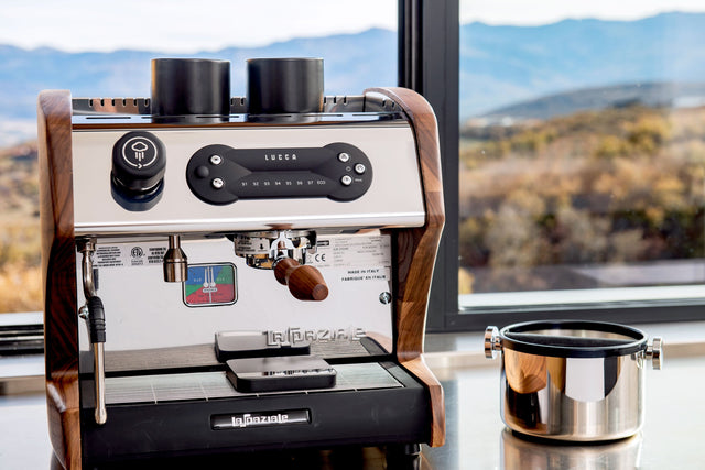 Lucca-A53-Direct-Plumb-Walnut-Espresso-Machine-Motta Knock Box - Lifestyle