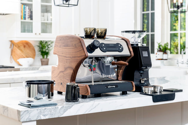 Lucca-A53-Direct-Plumb-Walnut-Espresso-Machine-Lucca-Atom-65-Black-Grinder-Motta Knock Box - Lifestyle