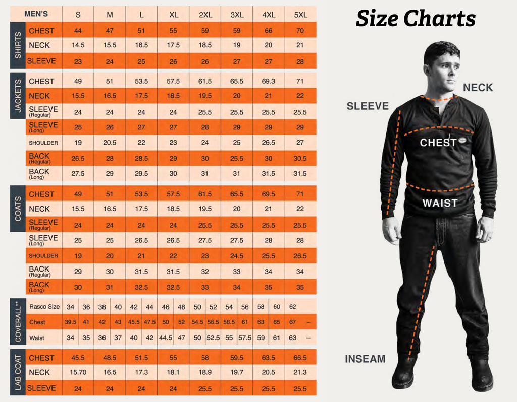 rasco fire retardant clothing men's size chart