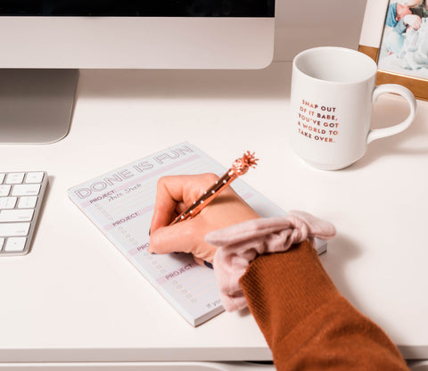 Setting Goals and Making a Plan By Writing it down with Bow Scrunchie on wrist