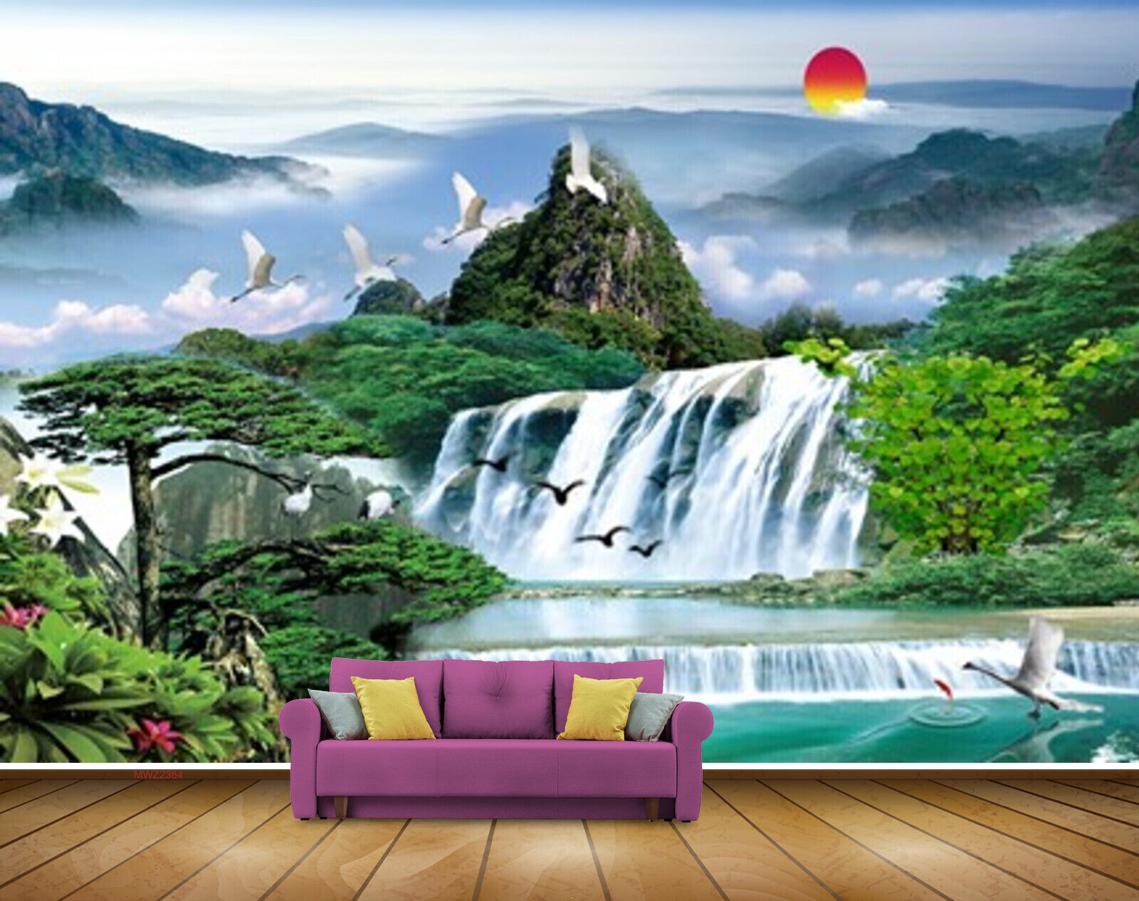 Avikalp MWZ2384 Sun Birds Waterfalls Trees Mountains Clouds Leaves Flo –  Avikalp International - 3D Wallpapers
