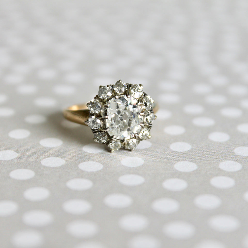 Sandon | Authentic Victorian Era diamond cushion cut cluster ring dating to the year 1890 by Trumpet & Horn