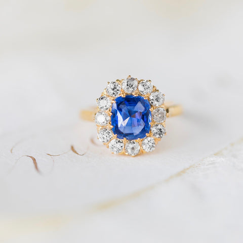 Antique Victorian Ceylon Sapphire Diamond Halo Engagement Ring 