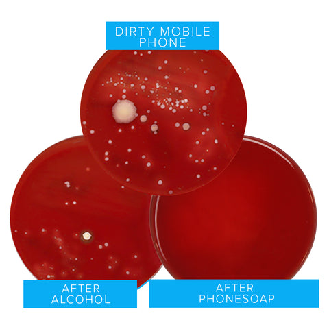 Petri dishes showing bacteria on phones after alcohol vs. PhoneSoap