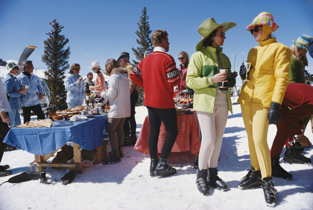ic:March 1968: A stand-up fondue picnic for skiers at Snowmass-at-Aspen, Colorado which has more than fifty miles of trails and snowfields. The village was opened in 1967.