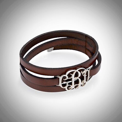 Silver Monogram Leather Bracelet