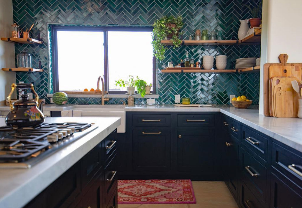 bohemian kitchen herringbone tile