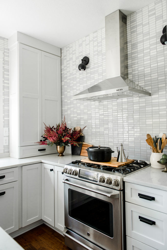 Scandinavian handmade white tile kitchen backsplash