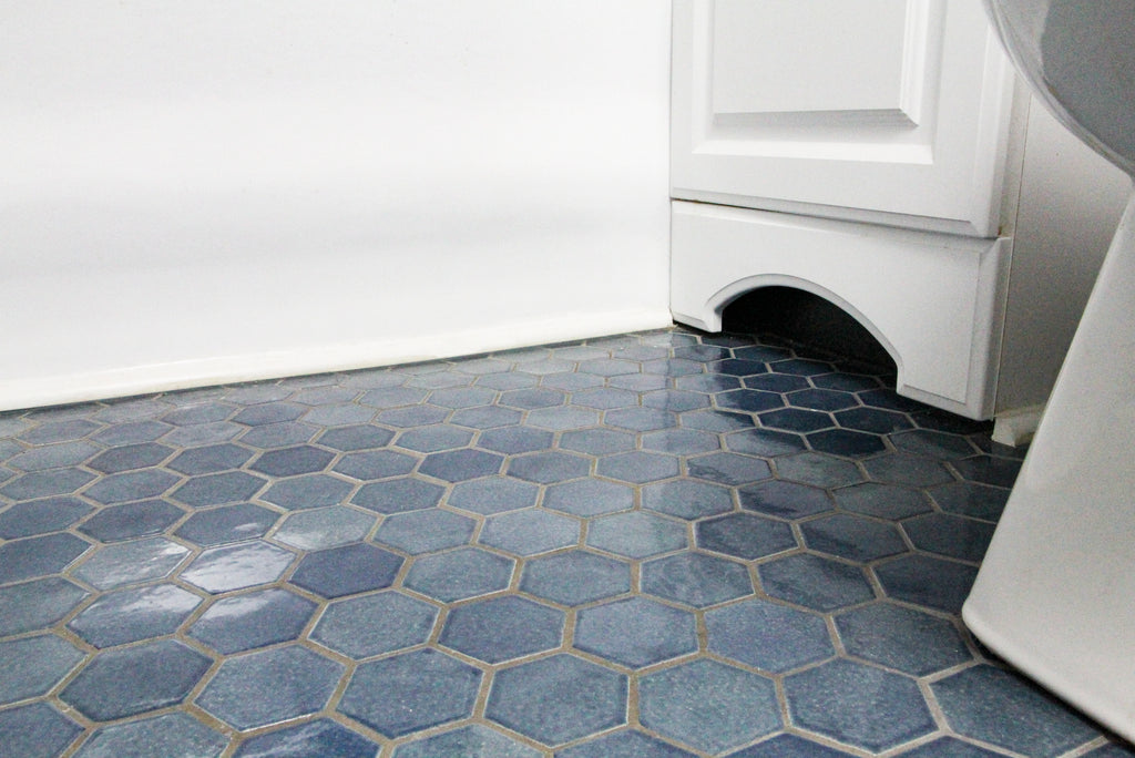 denim blue hexagon bathroom floor tile