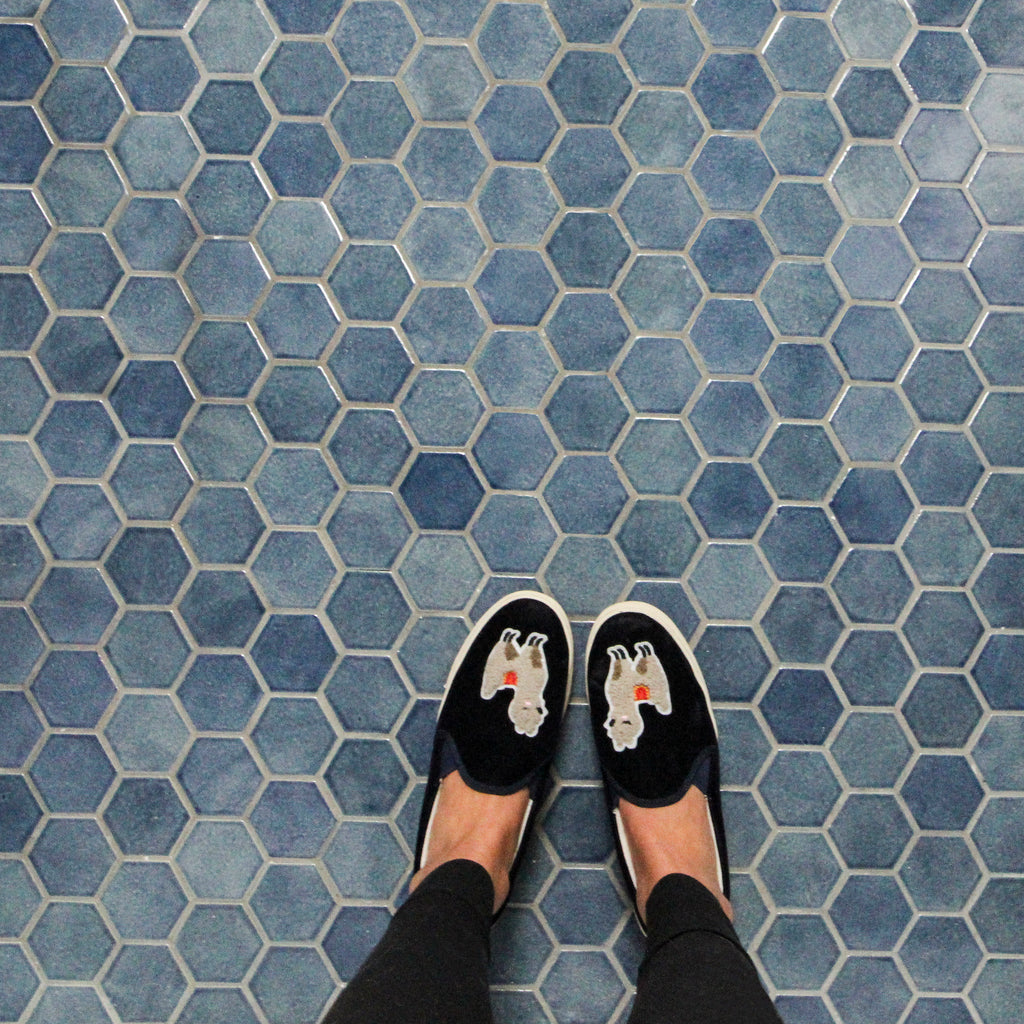 denim blue hexagon bathroom floor tile