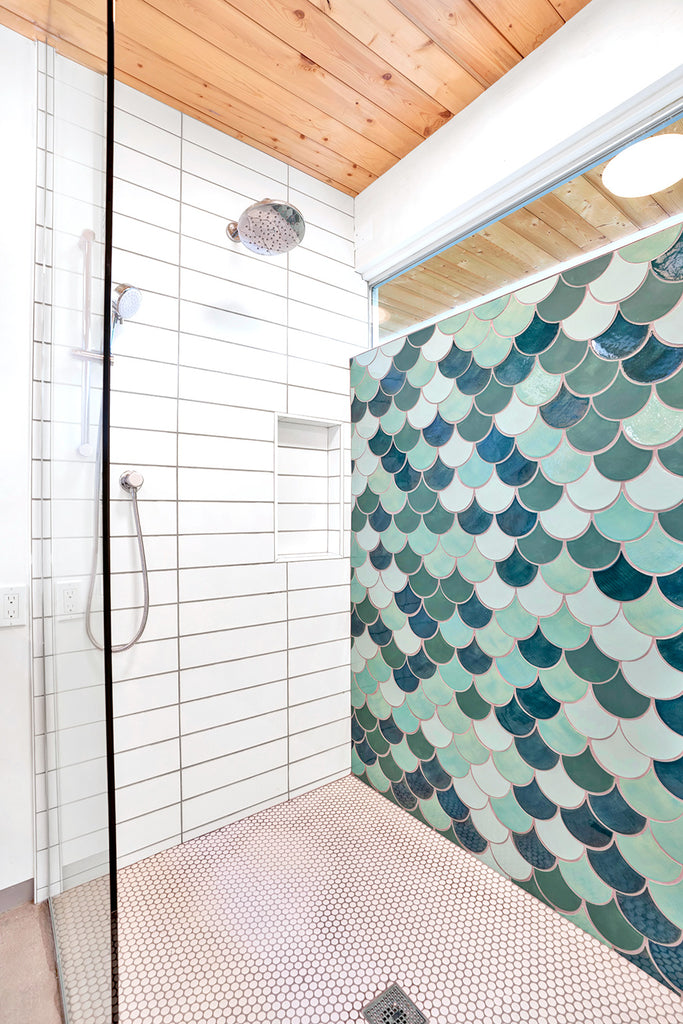 blue green fish scale shower tile