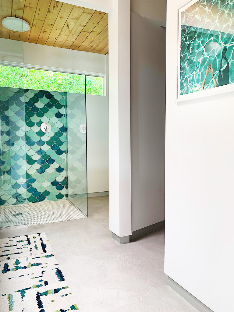 blue green fish scale shower tile