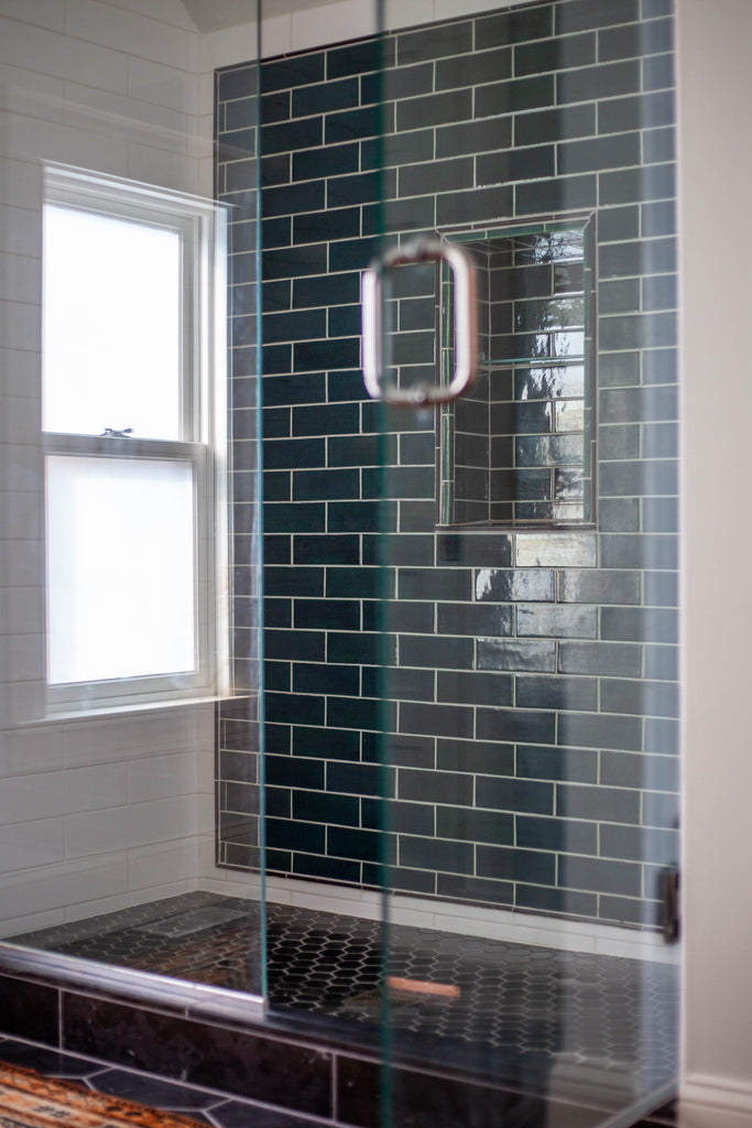 Boutique Hotel-Inspired Deep Green Master Shower with Subway Tile