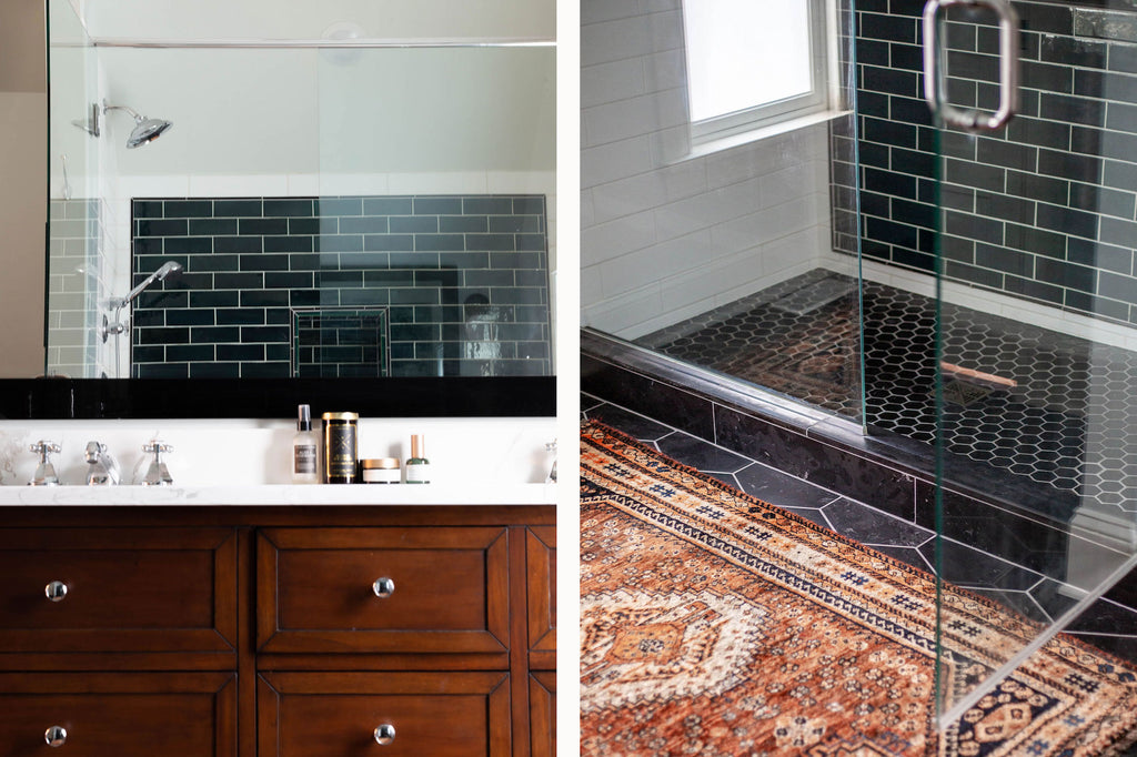 Master Shower with Bluegrass Subway Tile and Black Hexagon Floor