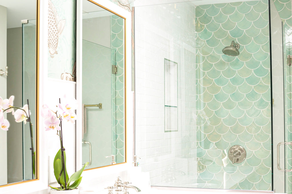 Light teal fish scale tile shower