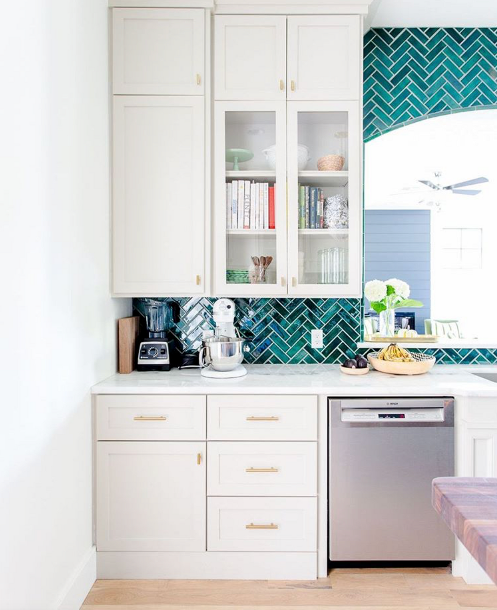 Teal Herringbone Tile Kitchen Backsplash