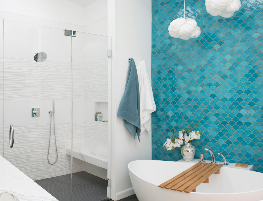 watery blue fish scale bathroom tile