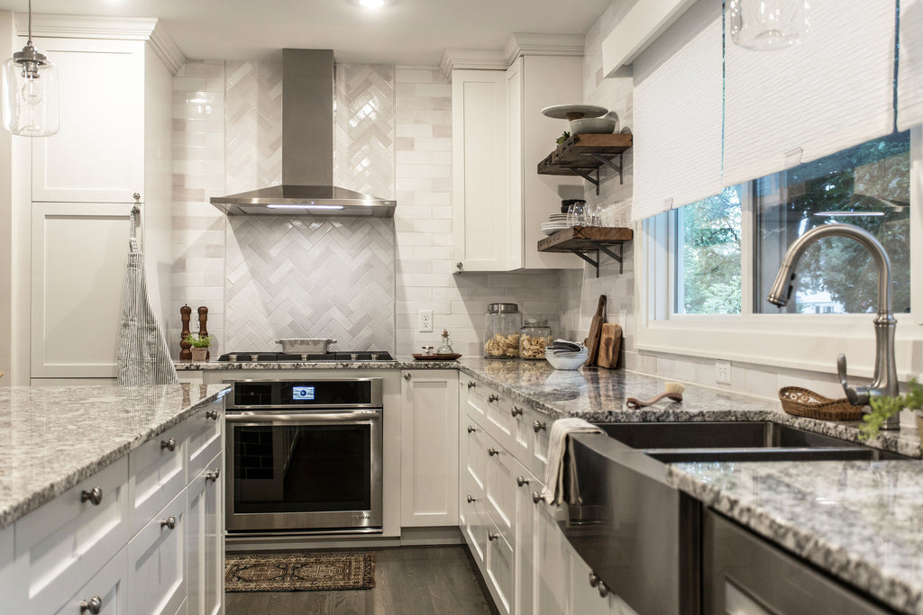 white herringbone kitchen tile