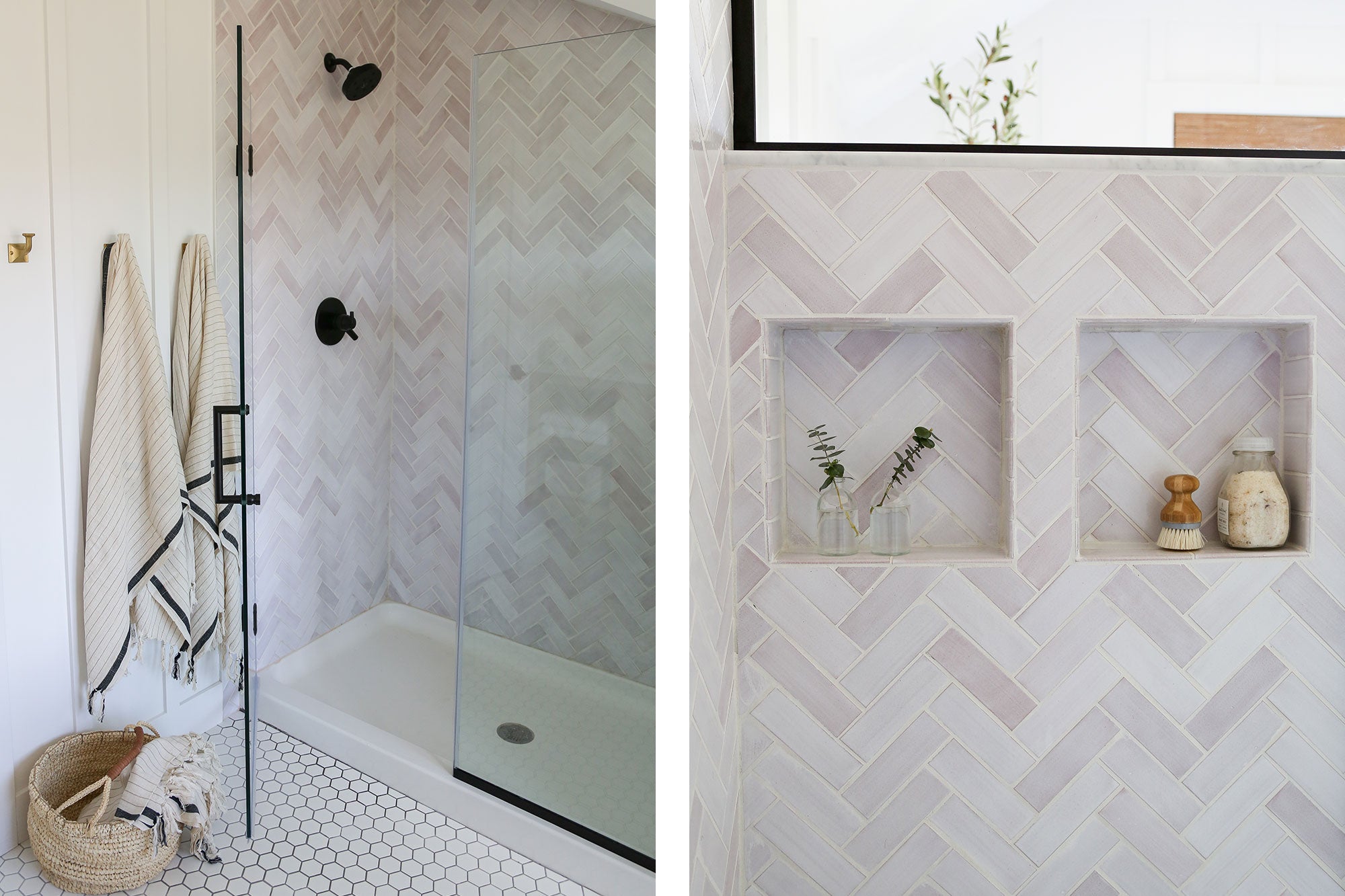 White Herringbone Ceramic Shower Walls