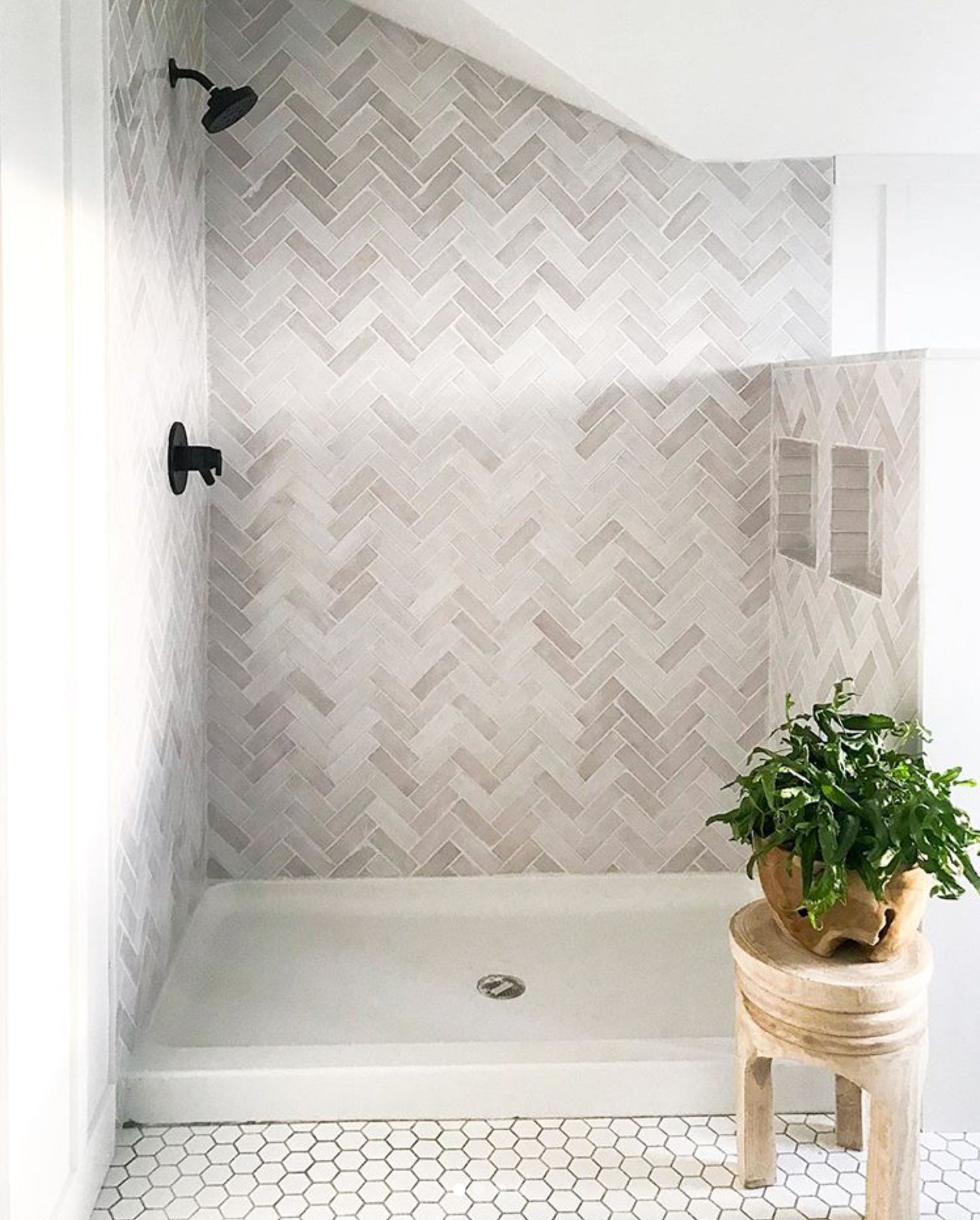 White Herringbone Tile Bathroom