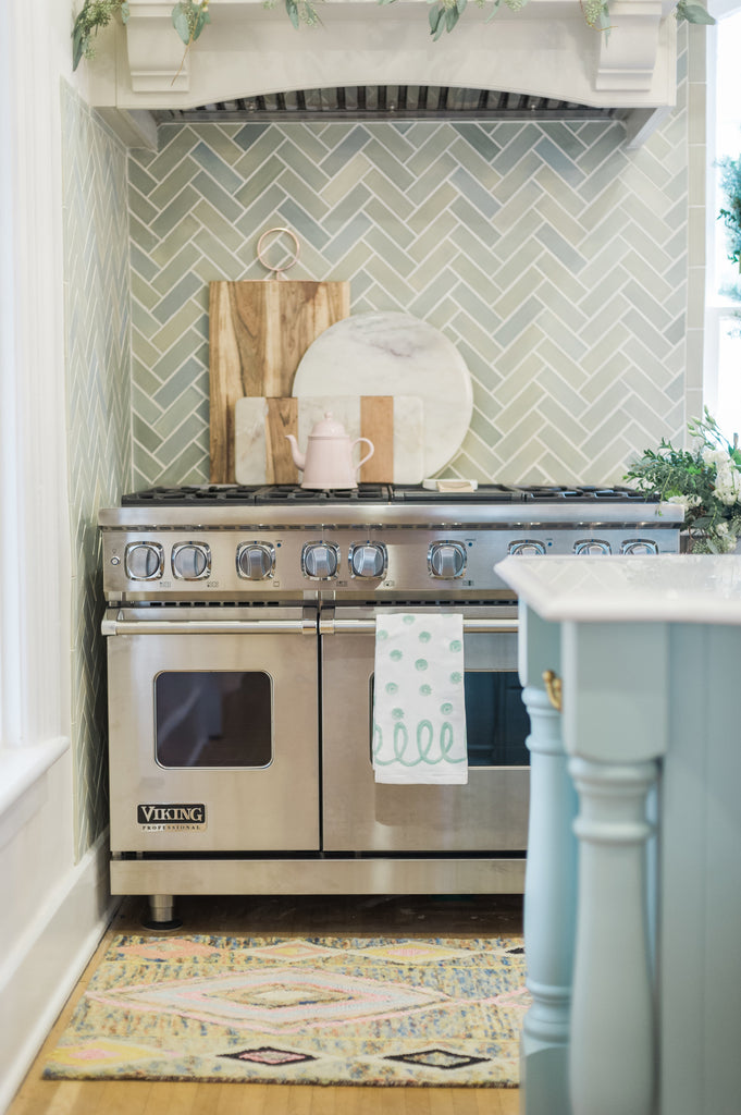 blue opal herringbone kitchen tile