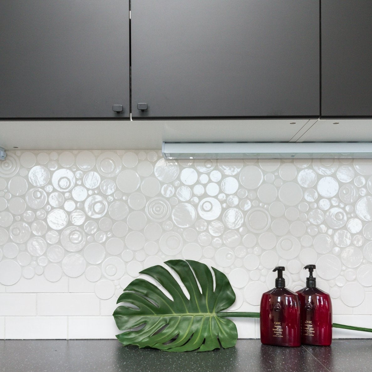 White Bubble Tile Statement Backsplash