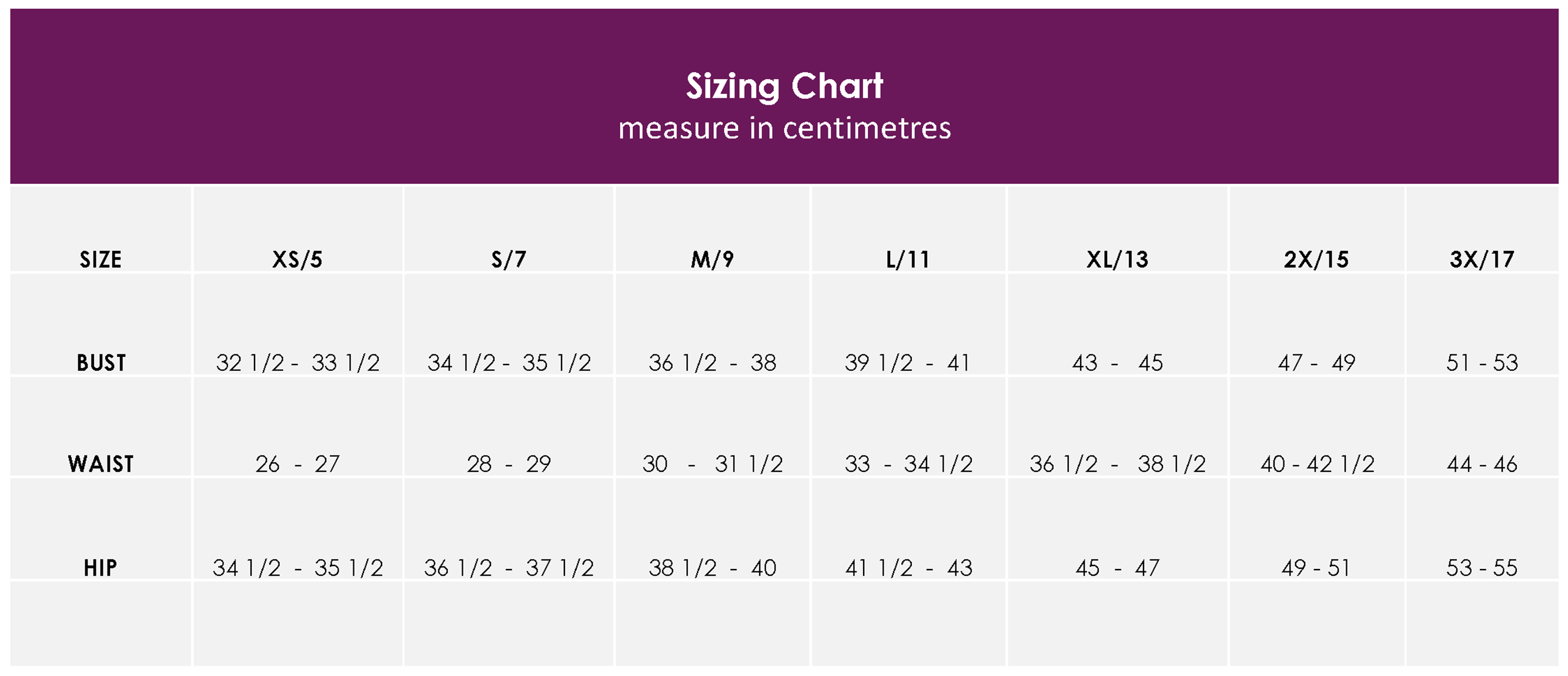 Ilusión Sizing Chart