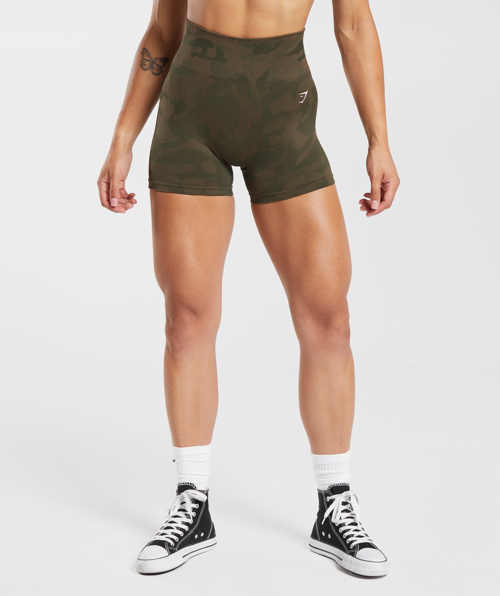 Gymshark Adapt Camo Seamless Ribbed Shorts - Winter Olive/Soul Brown