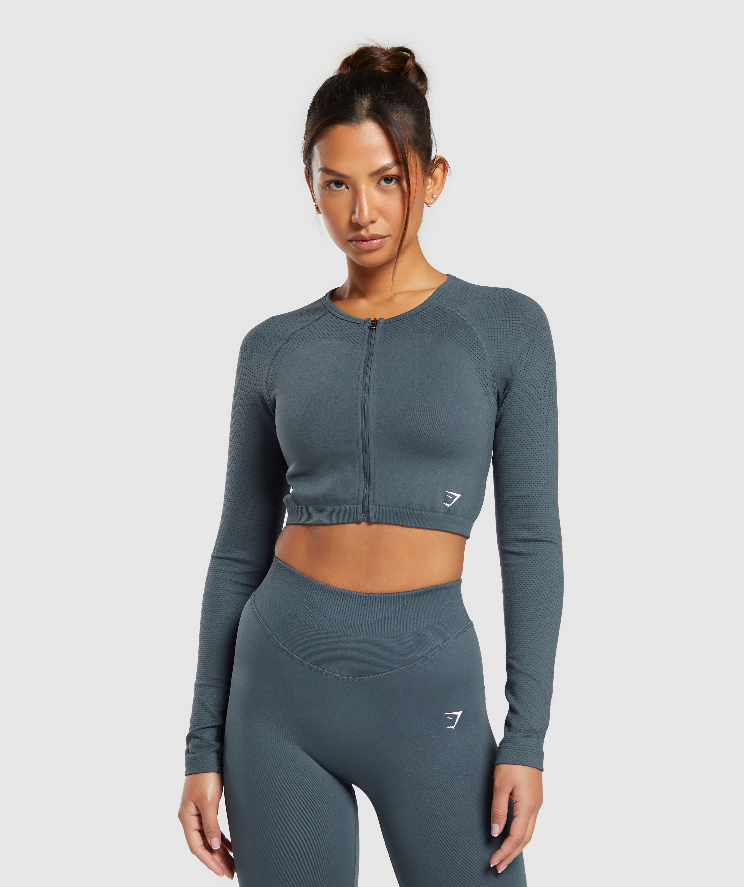 Gymshark Sweat Seamless Long Sleeve Zip Crop Top - Titanium Blue