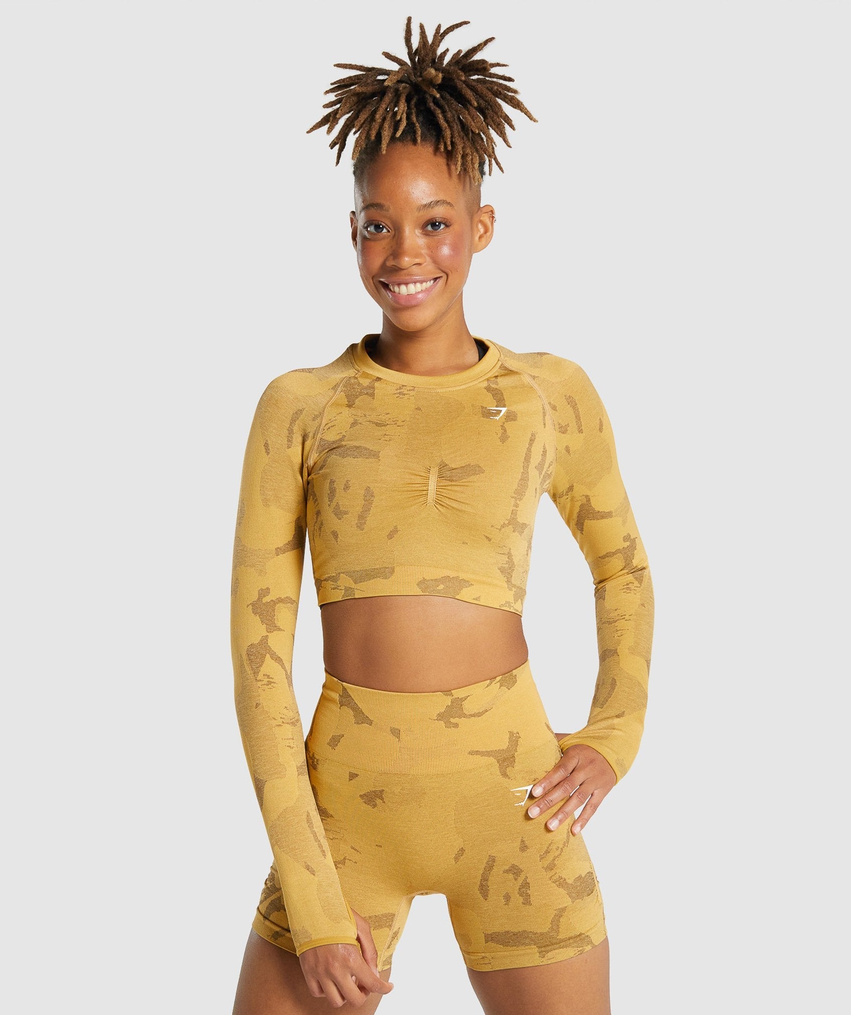 Gymshark Adapt Camo Seamless Long Sleeve Crop Top - Savanna, Yellow