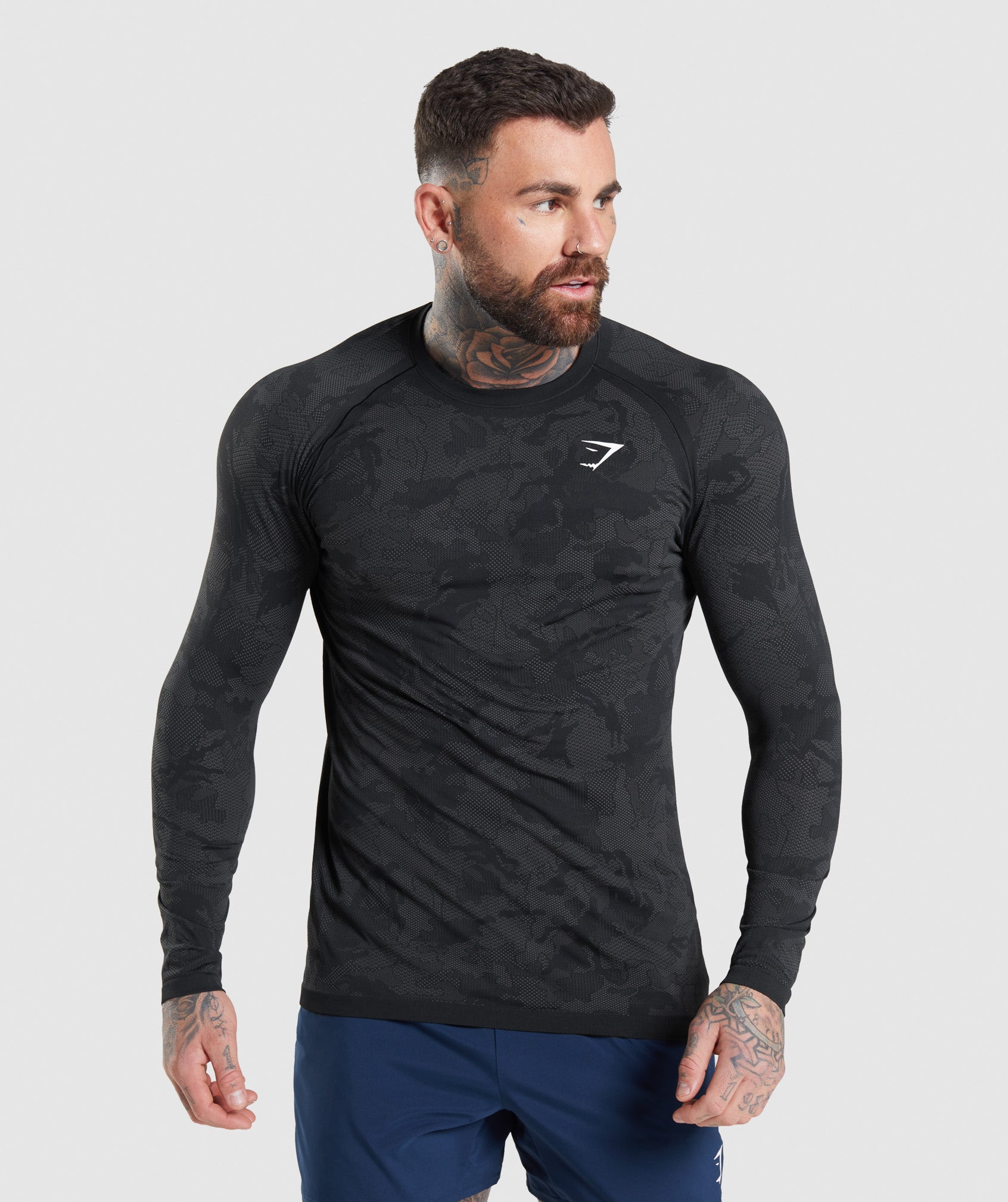 Gymshark Geo Seamless Long Sleeve T-Shirt - Black/Charcoal Grey