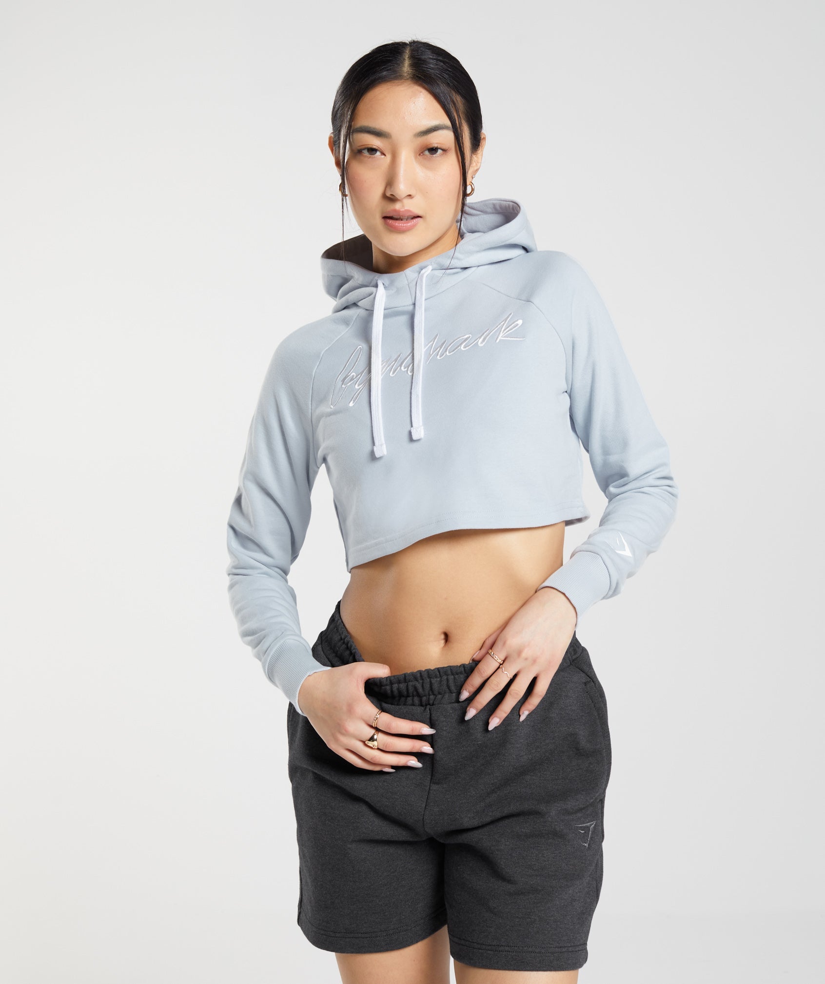 Gymshark Embroidered Graphic Cropped Hoodie - River Stone Grey