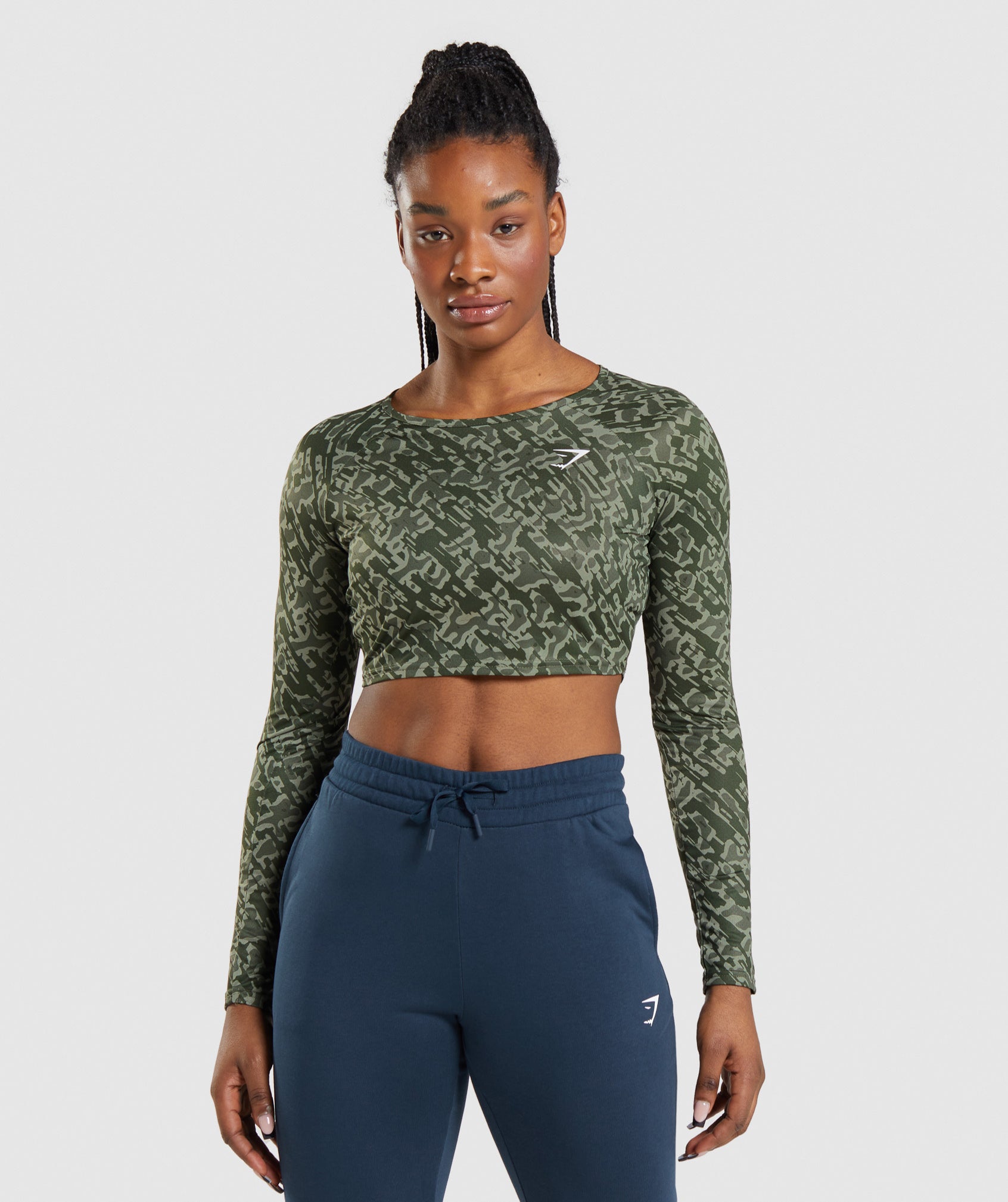 Green Ribbed Workout Set - Long Sleeve Crop Top and Leggings