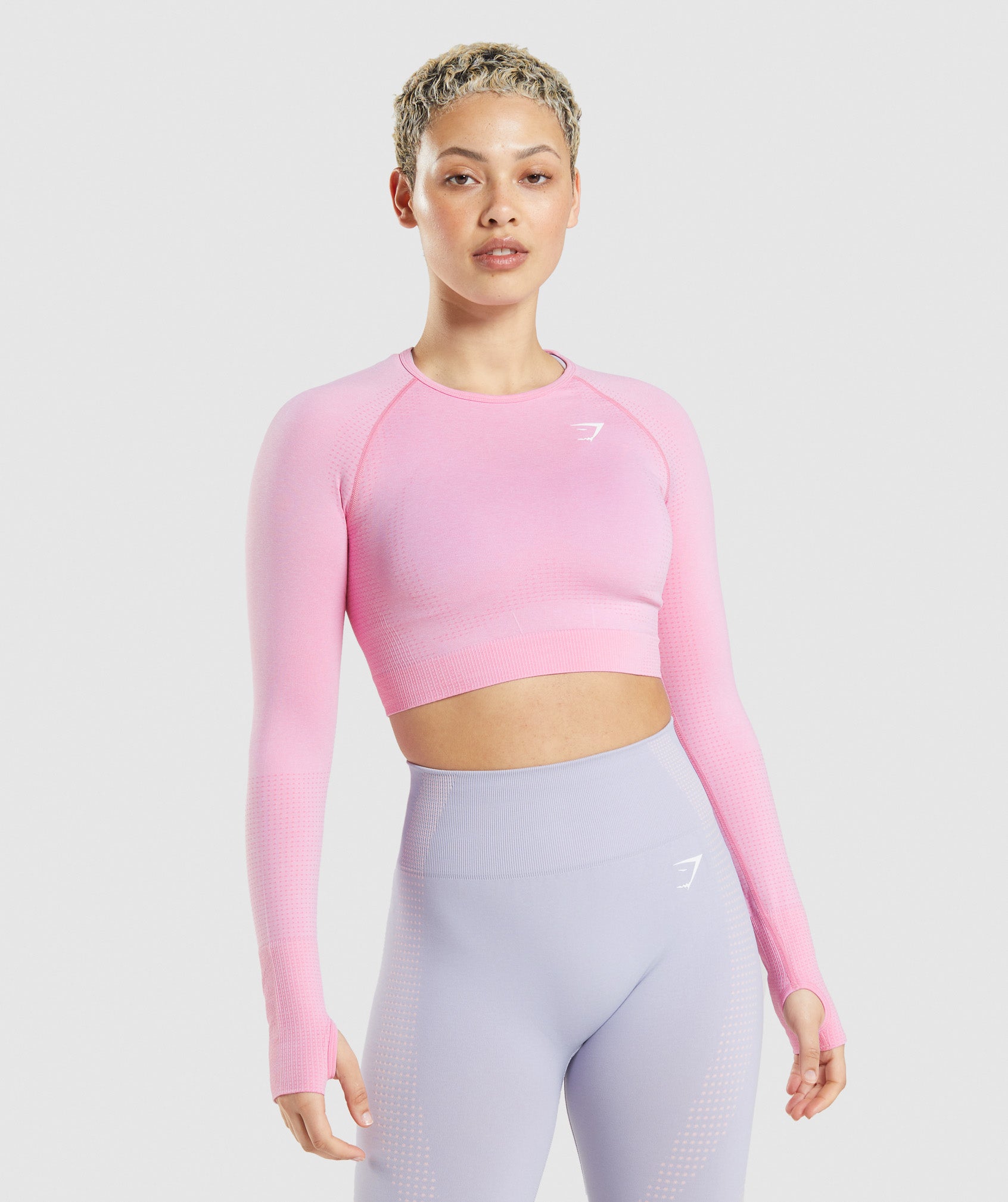 Women's GymShark Vital Seamless Crop 2.0 Long Sleeve Shirt Size Small Pink  Marl