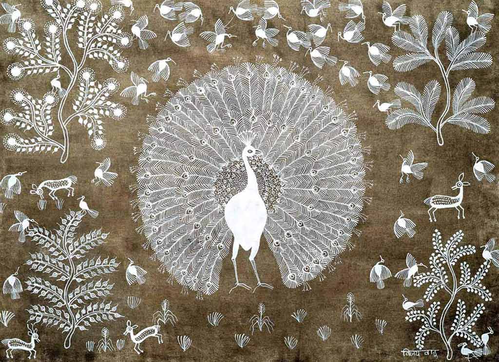 Warli painting of a peacock displaying his tail feathers