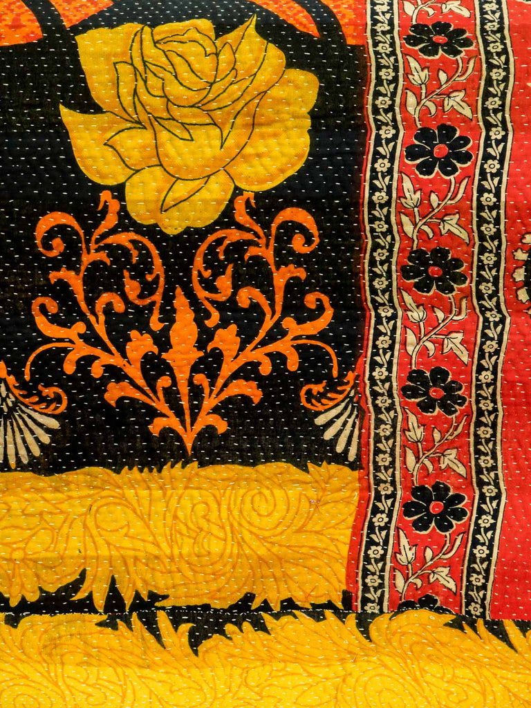 Vintage Kantha Quilt with Large Golden Flowers