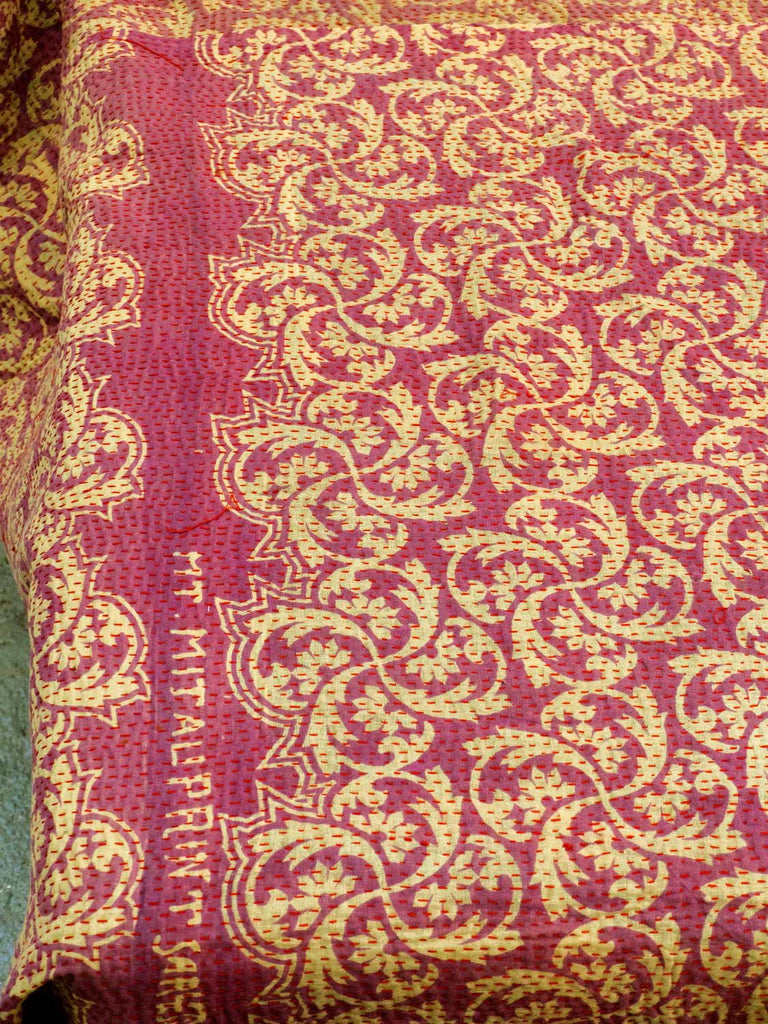 Golden Yellow and Cerise Vintage Kantha Quilt