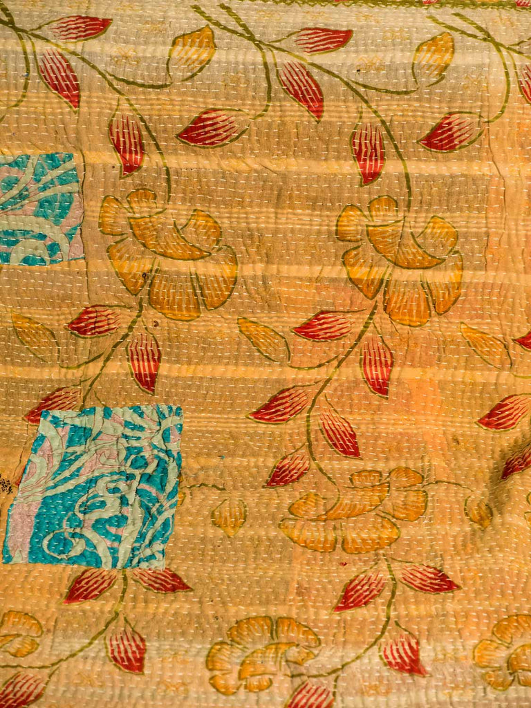 Golden Yellow and Cerise Vintage Kantha Quilt