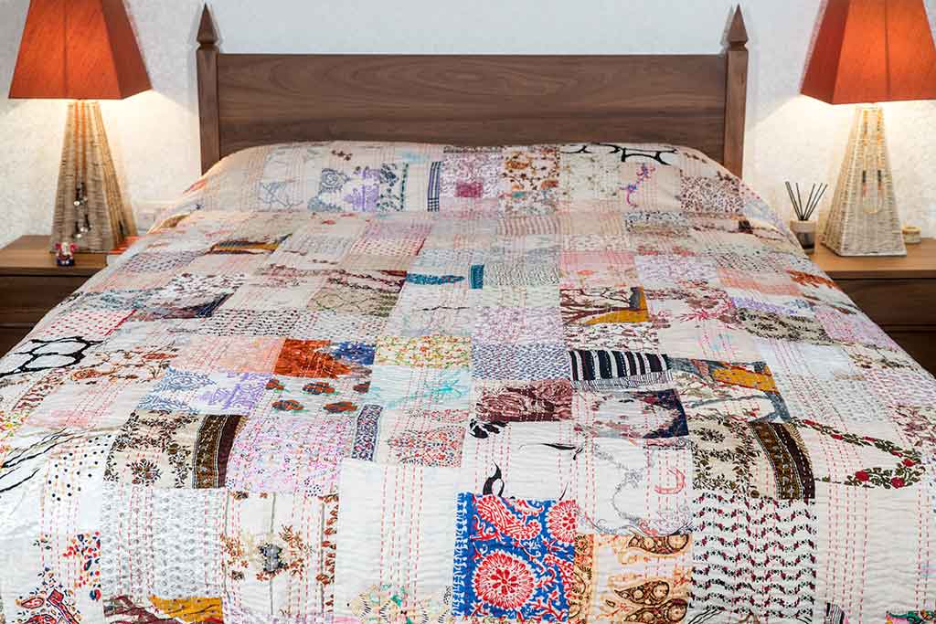 Silk-patchwork-Kantha-bedspread-white